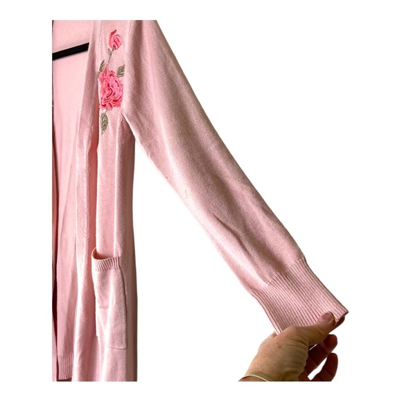 Pink Open Cardigan by Estrna Jane Flower Embroidery Size Large - Picture 3 of 7